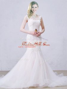White Lace Up Wedding Gowns Lace Sleeveless Brush Train