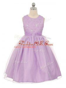 Scoop Sleeveless Kids Pageant Dress Knee Length Beading Lavender Tulle