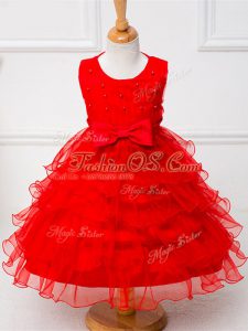 New Arrival Red Organza Zipper Little Girl Pageant Dress Sleeveless Tea Length Ruffled Layers and Bowknot