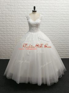 Custom Made White Wedding Dress V-neck Sleeveless Brush Train Clasp Handle