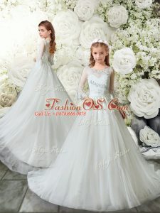 Unique White Toddler Flower Girl Dress Wedding Party with Lace Scoop 3 4 Length Sleeve Brush Train Clasp Handle