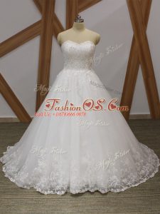 Luxury White Wedding Gowns Beach and Wedding Party with Lace and Appliques Sweetheart Sleeveless Brush Train Lace Up