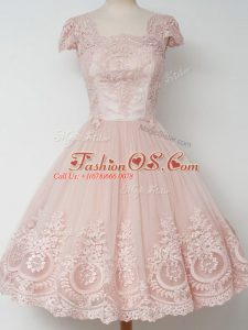 Deluxe Peach Zipper Square Lace Wedding Party Dress Tulle Cap Sleeves
