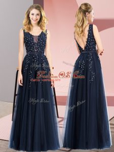 Floor Length Empire Sleeveless Navy Blue Prom Dress Backless
