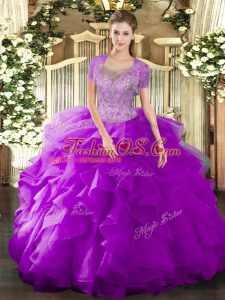 Custom Made Sleeveless Floor Length Beading and Ruffled Layers Clasp Handle Ball Gown Prom Dress with Fuchsia
