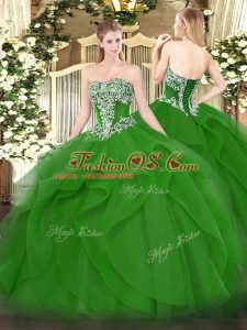 Modern Green Sleeveless Floor Length Beading and Ruffles Lace Up Quinceanera Gowns