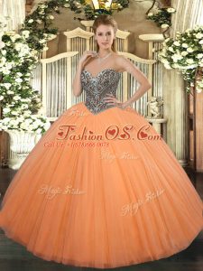 Sweetheart Sleeveless 15th Birthday Dress Floor Length Beading Orange Tulle