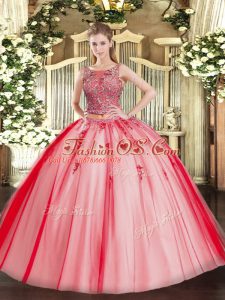 Tulle Scoop Sleeveless Lace Up Beading and Appliques 15th Birthday Dress in Coral Red