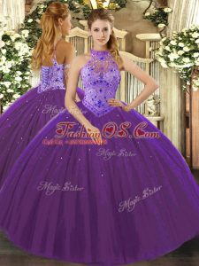 Beading and Appliques and Embroidery Vestidos de Quinceanera Purple Lace Up Sleeveless Floor Length