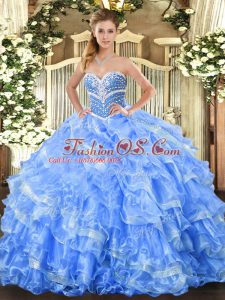 Luxurious Baby Blue Ball Gowns Organza Sweetheart Sleeveless Beading and Ruffled Layers Floor Length Lace Up Quinceanera Gowns