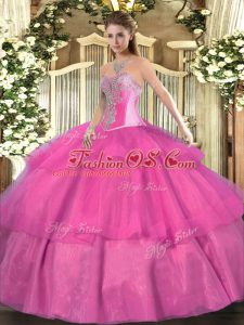 Tulle Sweetheart Sleeveless Lace Up Beading and Ruffled Layers Vestidos de Quinceanera in Hot Pink