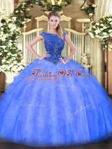Nice Blue Sleeveless Floor Length Beading and Ruffles Zipper Sweet 16 Dresses