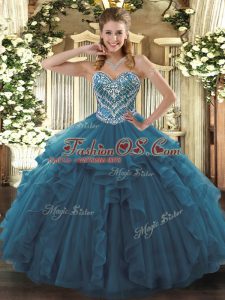 Sweetheart Sleeveless Quinceanera Gown Floor Length Beading and Ruffles Teal Tulle