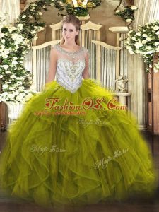 Olive Green Quince Ball Gowns Military Ball and Sweet 16 and Quinceanera with Beading and Ruffles Scoop Sleeveless Zipper
