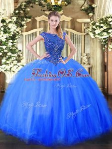 Floor Length Zipper Quinceanera Gowns Blue for Sweet 16 and Quinceanera with Beading