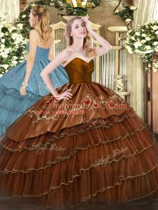 Glittering Brown Ball Gowns Embroidery and Ruffled Layers Sweet 16 Dresses Zipper Organza and Taffeta Sleeveless Floor Length