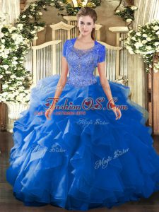 Delicate Scoop Sleeveless Quinceanera Gowns Floor Length Beading and Ruffled Layers Blue Tulle