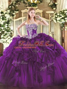 Beading and Ruffles Quinceanera Gown Dark Purple Lace Up Sleeveless Floor Length