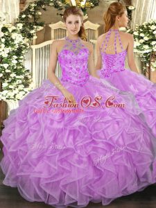 Halter Top Sleeveless Quinceanera Dresses Floor Length Beading and Ruffles Lilac Organza