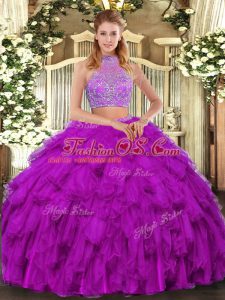 Chic Organza Halter Top Sleeveless Criss Cross Beading and Ruffled Layers Ball Gown Prom Dress in Fuchsia