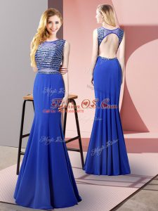 Scoop Sleeveless Backless Homecoming Dress Royal Blue Elastic Woven Satin