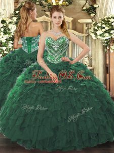 Top Selling Floor Length Dark Green Sweet 16 Dress Tulle Sleeveless Beading and Ruffled Layers