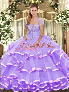 Floor Length Lavender Quinceanera Gowns Strapless Sleeveless Lace Up