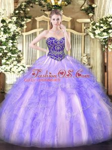 Cheap Lavender Lace Up Sweetheart Beading and Ruffles Quince Ball Gowns Tulle Sleeveless
