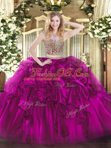 Scoop Sleeveless Organza 15 Quinceanera Dress Beading and Ruffles Lace Up