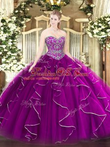 Floor Length Lace Up Ball Gown Prom Dress Fuchsia for Military Ball and Sweet 16 and Quinceanera with Beading and Ruffles