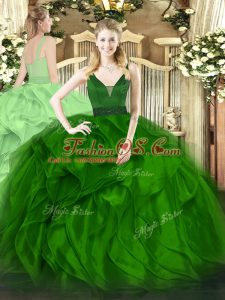 Most Popular Floor Length Green Quinceanera Dress Organza Sleeveless Beading and Ruffles
