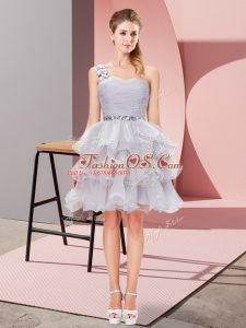 Sleeveless Organza Mini Length Lace Up Prom Party Dress in Grey with Beading and Ruffled Layers