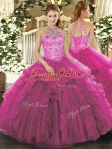 Edgy Fuchsia Organza Lace Up Halter Top Sleeveless Floor Length Quinceanera Gown Beading