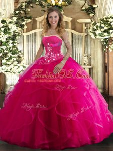 Hot Pink Ball Gowns Beading and Ruffles 15th Birthday Dress Lace Up Tulle Sleeveless Floor Length