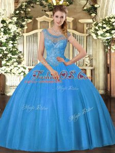 Customized Baby Blue Ball Gowns Tulle Scoop Sleeveless Beading Lace Up Vestidos de Quinceanera