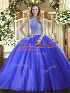 Charming High-neck Sleeveless Tulle Quince Ball Gowns Beading Lace Up