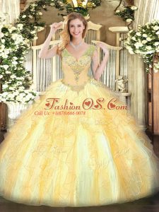 Popular Gold Sleeveless Beading and Ruffles Floor Length Sweet 16 Dress