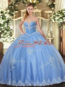 Sleeveless Floor Length Beading and Appliques Lace Up Quinceanera Gown with Blue