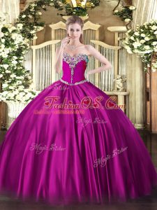 Sleeveless Floor Length Beading Lace Up 15th Birthday Dress with Fuchsia
