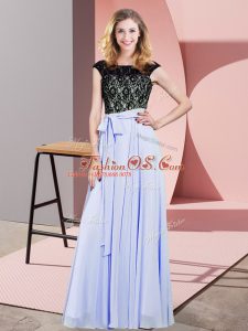 Lavender Empire Scoop Sleeveless Chiffon Floor Length Lace Up Lace and Belt Dress for Prom