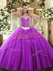 On Sale Purple Sweetheart Neckline Appliques Quinceanera Gowns Sleeveless Lace Up