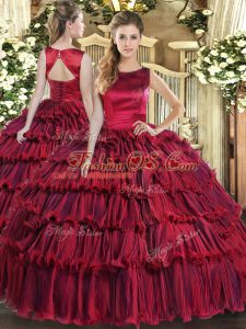 Deluxe Ruffled Layers Ball Gown Prom Dress Wine Red Lace Up Sleeveless Floor Length