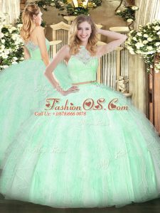 Apple Green Sleeveless Lace and Ruffles Floor Length Sweet 16 Dress