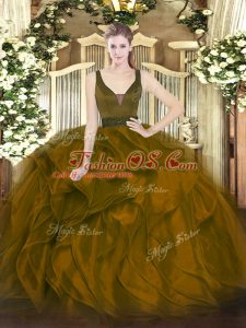 Brown Sleeveless Floor Length Beading and Ruffles Zipper Sweet 16 Dress