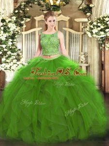Customized Green Scoop Lace Up Beading and Ruffles Sweet 16 Dress Sleeveless