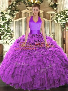 Floor Length Lace Up 15 Quinceanera Dress Fuchsia for Military Ball and Sweet 16 and Quinceanera with Ruffles