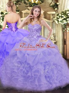 Eye-catching Lavender Ball Gowns Organza Sweetheart Sleeveless Appliques and Ruffles Floor Length Lace Up Sweet 16 Dress