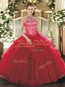 Halter Top Sleeveless Lace Up Quinceanera Dress Coral Red Organza