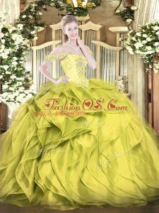 Olive Green Ball Gowns Off The Shoulder Sleeveless Organza Floor Length Lace Up Beading and Ruffles Quinceanera Dresses