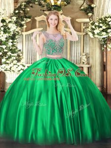 Chic Green Sleeveless Floor Length Beading Lace Up Quinceanera Gown